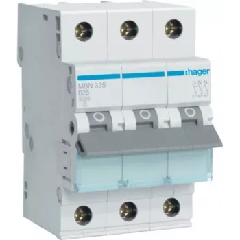 Hager MBN325 3-pólový 25 A istič s charakteristikou B, 6 kA, 3 moduly