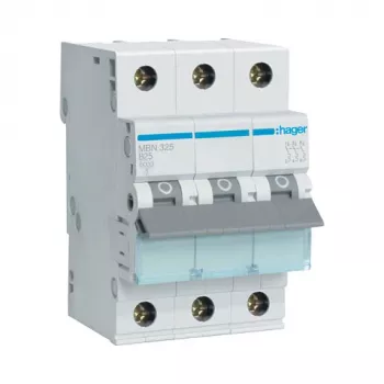 Hager MBN325 3-pólový 25 A istič s charakteristikou B, 6 kA, 3 moduly