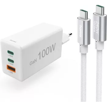 Hama USB-C rýchlonabíjačka s USB-C káblom, 100W Power Delivery, 1,5m, biela 00200027
