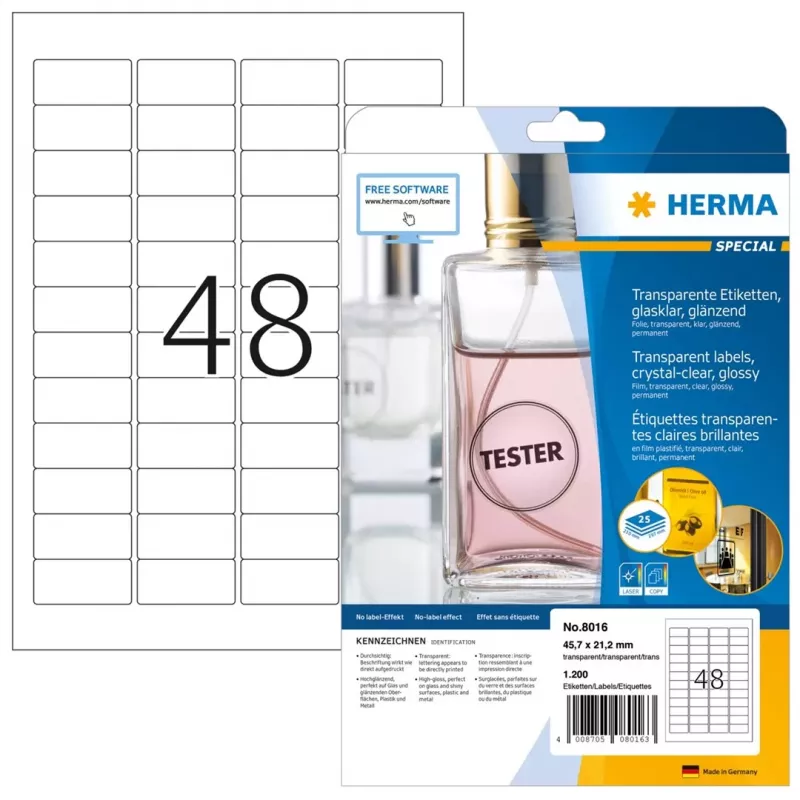 HERMA 8016 krištáľovo číre lesklé polyesterové etikety A4 45,7 x 21,2 mm 1200 etikiet
