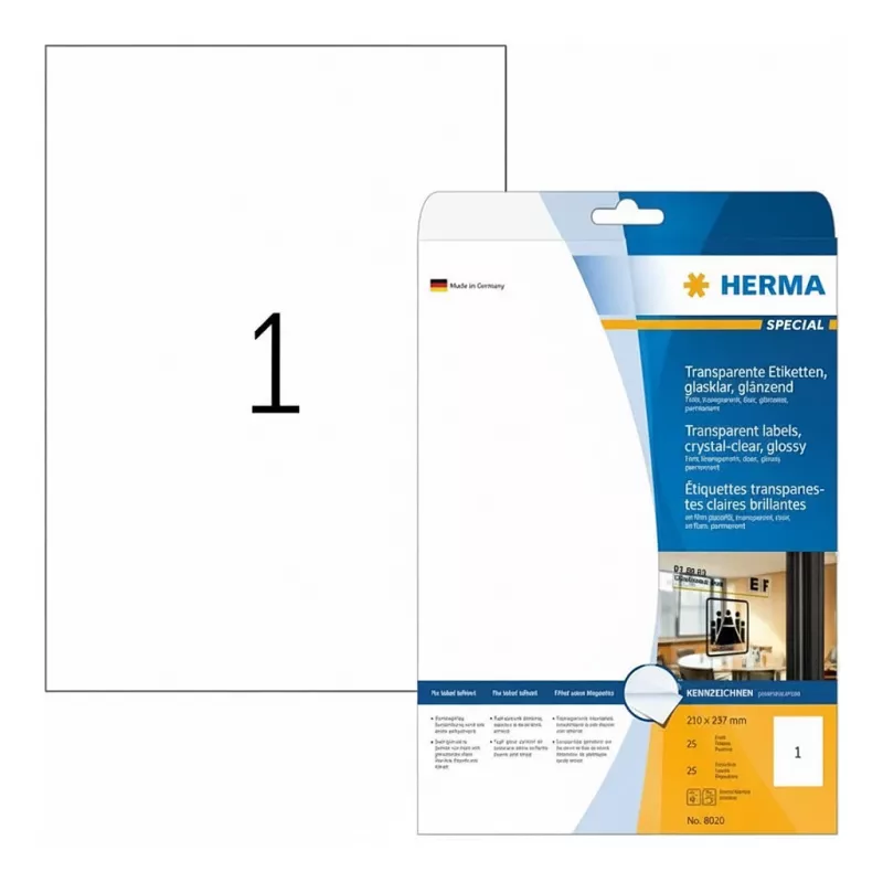 HERMA špeciálne vysoko lesklé transparentné A4 samolepiace polyesterové etikety, 25 listov