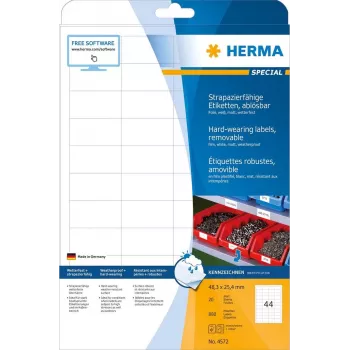 HERMA Special poveternostne odolné odnímateľné matné etikety, biela, 48,3 x 25,4 mm, 880 etikiet (20 listov x 44) 4572