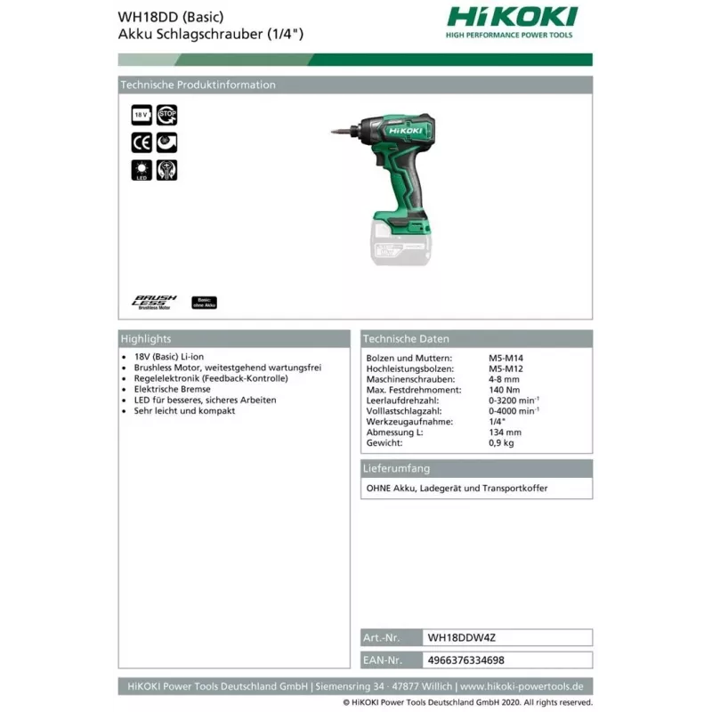 HIKOKI WH18DD 18V akumulátorový rázový uťahovač, 0-3200 ot/min, 0-400 IPM
