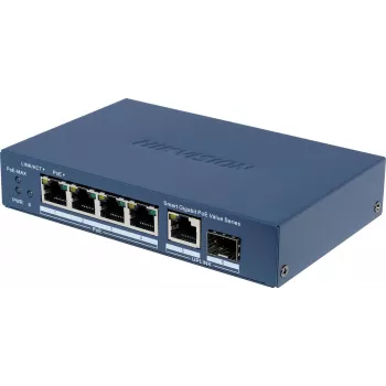 Hikvision DS-3E1506P-EI/M-4P1T1F(O-STD) neupravovaný switch so 4-port PoE+, 1 Gigabit RJ45 a 1 SFP uplink