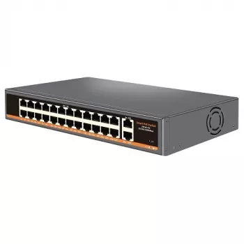 HISMART 24-port PoE+ sieťový switch s 2 Gigabit uplink portami, 300W budget, rack-montovateľný