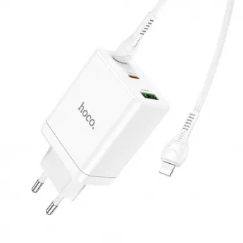 HOCO 35W dual USB-C + USB-A PD & QC3.0 nástenná nabíjačka s USB-C na Lightning káblom, biela