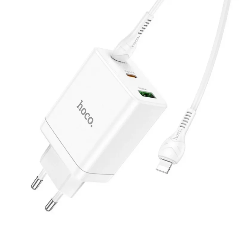 HOCO 35W dual USB-C + USB-A PD & QC3.0 nástenná nabíjačka s USB-C na Lightning káblom, biela