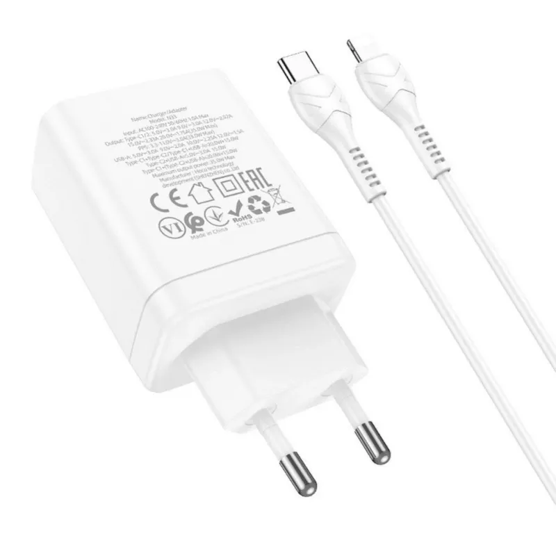 HOCO 35W dual USB-C + USB-A PD & QC3.0 nástenná nabíjačka s USB-C na Lightning káblom, biela