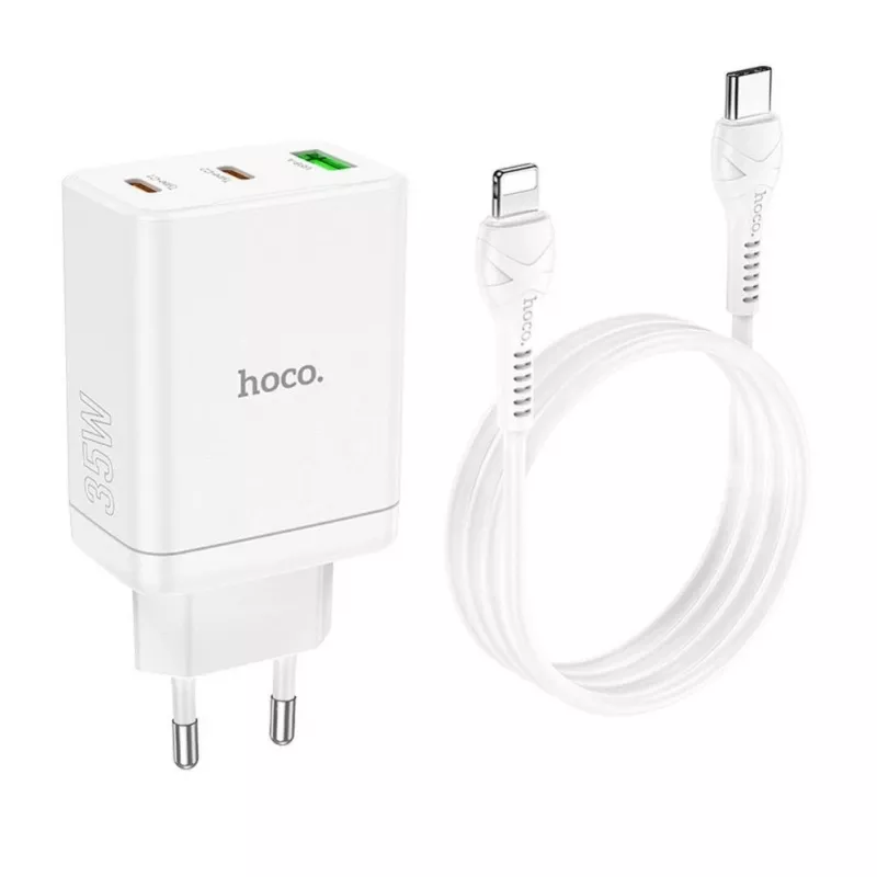 HOCO 35W dual USB-C + USB-A PD & QC3.0 nástenná nabíjačka s USB-C na Lightning káblom, biela