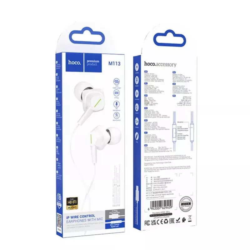 Hoco M113 Clear univerzálne digitálne slúchadlá s mikrofónom pre Apple Lightning, biela