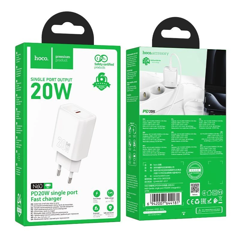 Hoco N60 Gentle jednoportová PD20W nabíjačka (EU) biela