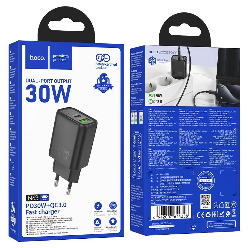 Hoco N63 Gentle PD30W+QC3.0 nabíjačka (EU) čierna