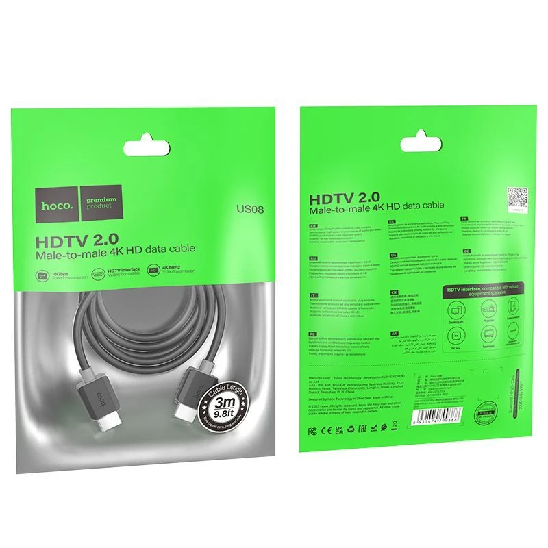 Hoco US08 HDMI 2.0 kábel 3m čierny 4K HDR pozlátený