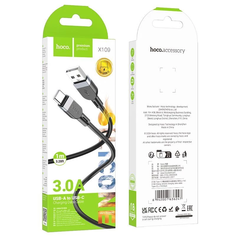 Hoco X109 Energy silikónový nabíjací dátový kábel USB-A na USB-C 1m čierny