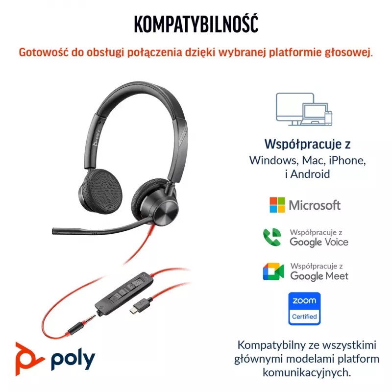 HP Poly Blackwire 3325 stereo headset certifikovaný pre Microsoft Teams USB-C +3,5 mm jack +USB-C/A adaptér