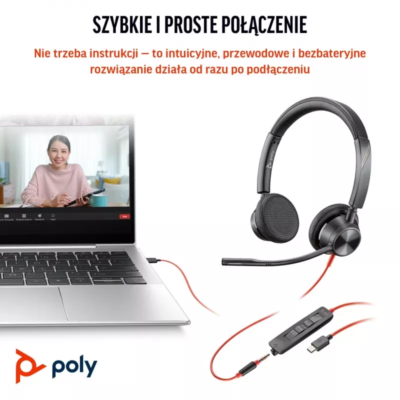 HP Poly Blackwire 3325 stereo headset certifikovaný pre Microsoft Teams USB-C +3,5 mm jack +USB-C/A adaptér