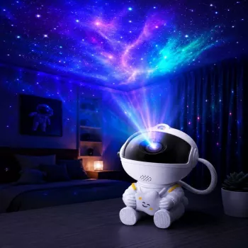 HQ sediaci astronaut projektor hviezdnej oblohy a hmly s 360° otočnou hlavou a diaľkovým ovládačom biely