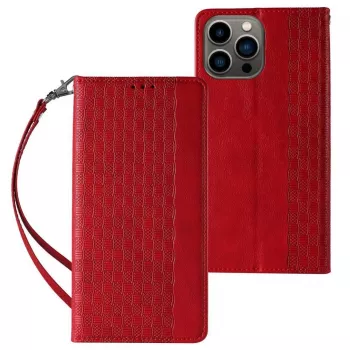 Hurtel Magnet Strap puzdro pre iPhone 13 Pro Max - peňaženka folio s odnímateľným lanyard a príveskom - červené