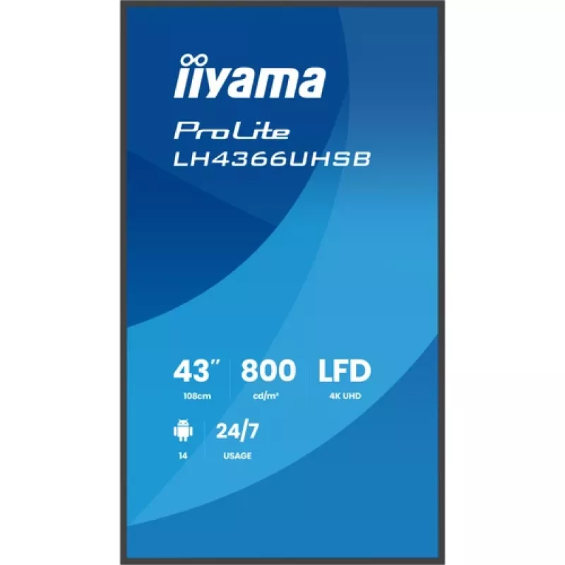 IIYAMA LH4366UHSB-B1AG 43 inch 4K UHD Digital Signage displej, VA panel, 500 cd/m², 24/7 prevádzka, Android 9.0, Wi-Fi, 2x 10W reproduktor