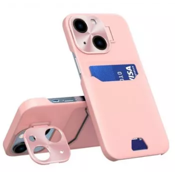 iLike Apple iPhone 14 kožené puzdro s krytom a stojanom na karty ružové