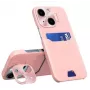 iLike Apple iPhone 14 kožené puzdro s krytom a stojanom na karty ružové