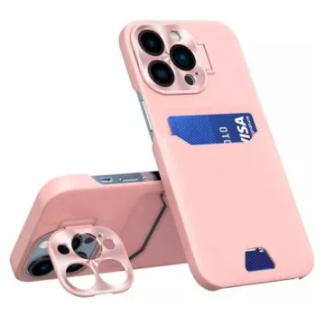 iLike Apple iPhone 14 Pro Max puzdro s priečinkom na karty a stojanom, kožené stojanové puzdro, ružová