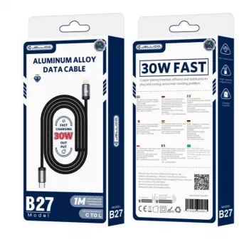 Jellico B27 tkaný bavlnený USB-C na Lightning dátový a rýchlonabíjací PD 30W kábel 1m čierny