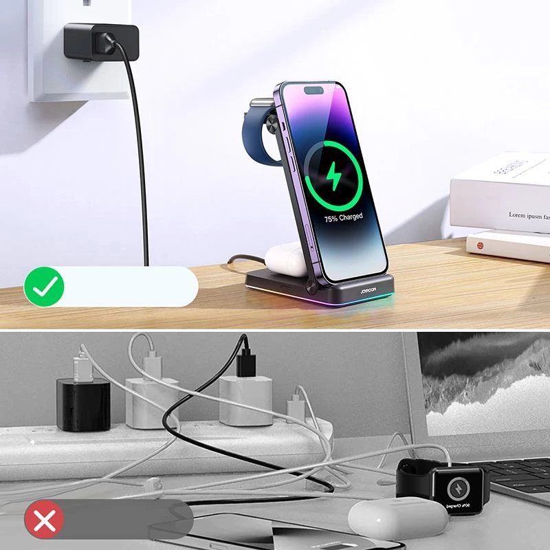 Joyroom 3-in-1 bezdrôtový nabíjací stojan pre iPhone, Apple Watch, AirPods - 15W rýchle nabíjanie, čierny (JR-WQN01)