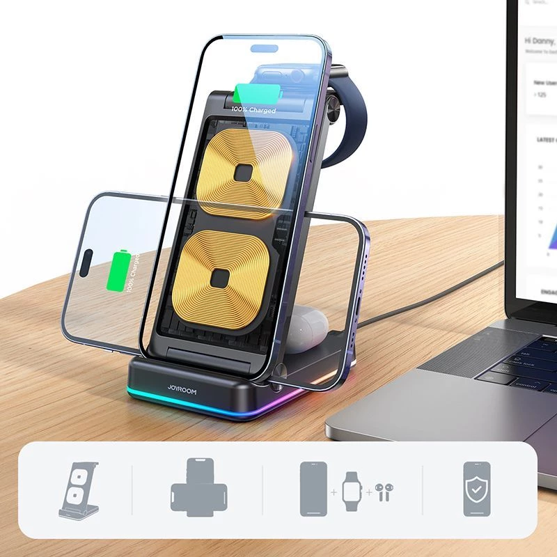 Joyroom 3-in-1 bezdrôtový nabíjací stojan pre iPhone, Apple Watch, AirPods - 15W rýchle nabíjanie, čierny (JR-WQN01)
