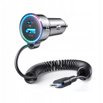 Joyroom nabíjačka do auta 3-in-1, C+U s Type-C špirálovým káblom 1,6m, 72W, čierna (JR-CL07)