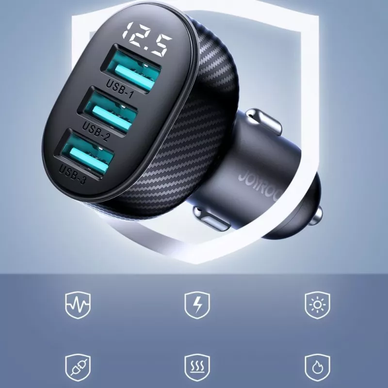 Joyroom JR-CCD03 Autonabíjačka s digitálnym displejom, 3x USB-A, 17W, 3,4A, čierna