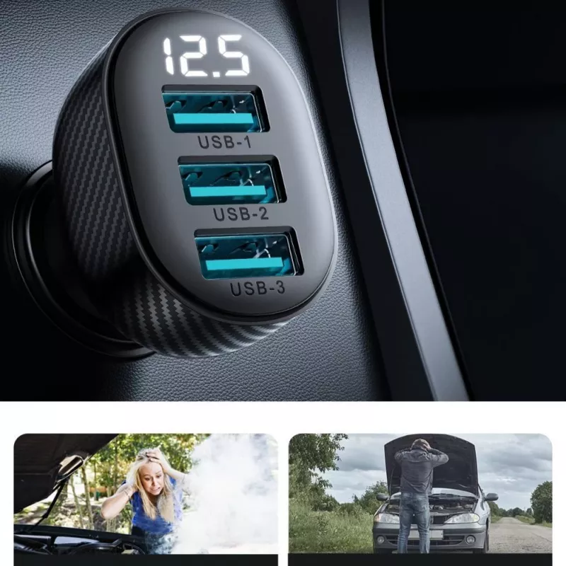 Joyroom JR-CCD03 Autonabíjačka s digitálnym displejom, 3x USB-A, 17W, 3,4A, čierna