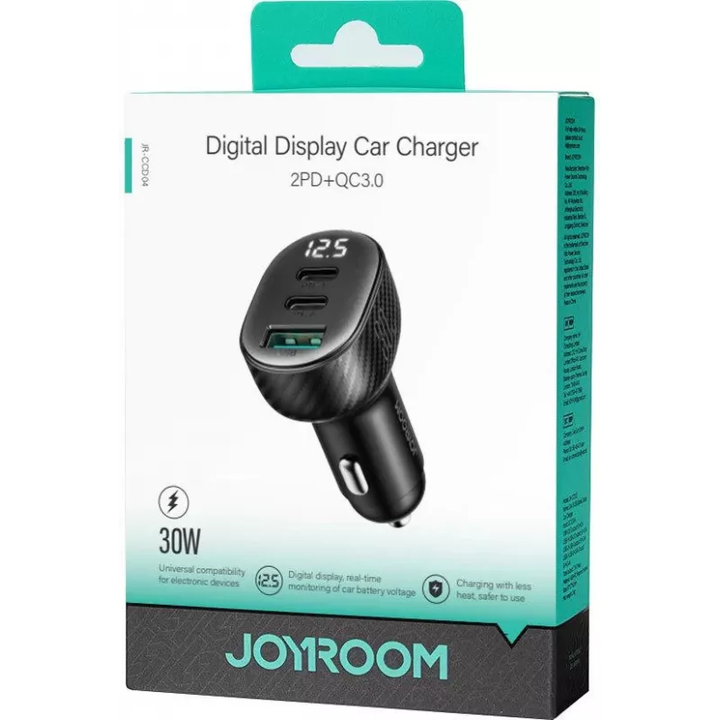 Joyroom JR-CCD04 auto nabíjačka 30W 2x USB-C USB-A s digitálnym displejom - čierna