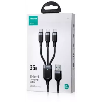 JOYROOM S-1T3018A18 3-in-1 multi nabíjací kábel USB-A na USB-C/Micro-USB/Lightning, 30cm pletený nylon, 3.5A, čierny