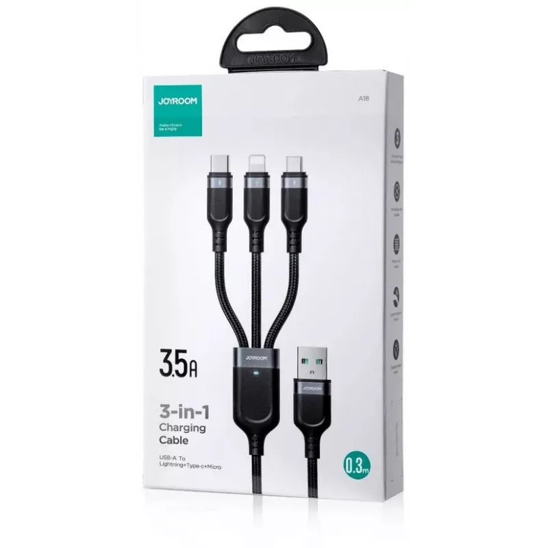 JOYROOM S-1T3018A18 3-in-1 multi nabíjací kábel USB-A na USB-C/Micro-USB/Lightning, 30cm pletený nylon, 3.5A, čierny