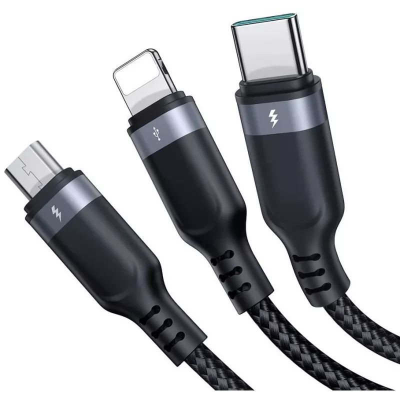 JOYROOM S-1T3018A18 3-in-1 multi nabíjací kábel USB-A na USB-C/Micro-USB/Lightning, 30cm pletený nylon, 3.5A, čierny