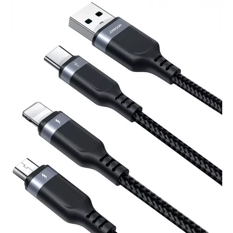 JOYROOM S-1T3018A18 3-in-1 multi nabíjací kábel USB-A na USB-C/Micro-USB/Lightning, 30cm pletený nylon, 3.5A, čierny