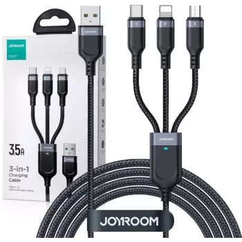 JOYROOM S-1T3018A18 3-in-1 multi nabíjací kábel USB-A na USB-C/Micro-USB/Lightning, 30cm pletený nylon, 3.5A, čierny