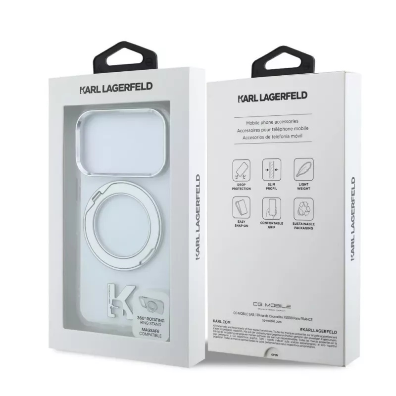Karl Lagerfeld IML Ring Stand 360 Kameo Metal MagSafe puzdro pre iPhone 18 Pro / 17 Pro - transparentné