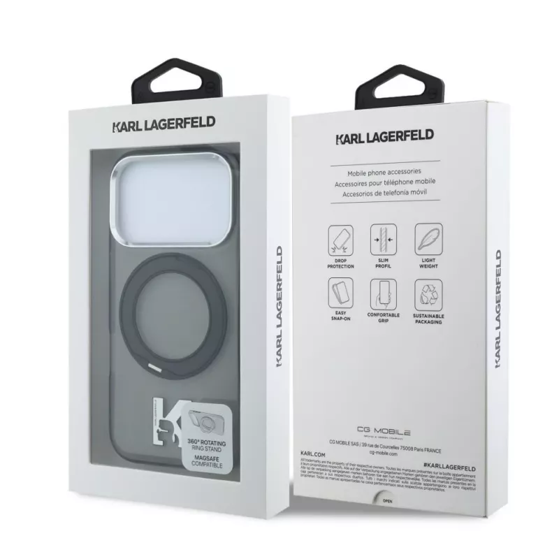 Karl Lagerfeld IML Ring Stand 360 Kameo Metal MagSafe puzdro pre iPhone 18 Pro Max / 17 Pro Max - čierne