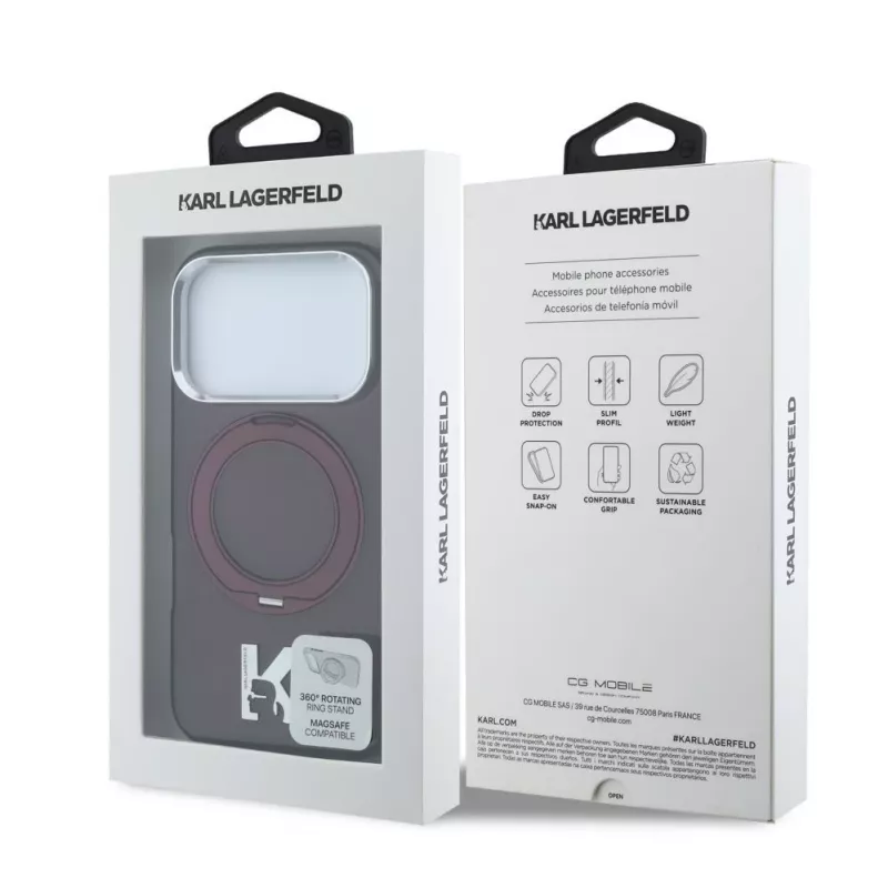 Karl Lagerfeld IML Ring Stand 360 Kameo Metal MagSafe puzdro pre iPhone 18 Pro Max / 17 Pro Max Burgundy