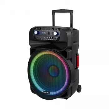 KRUGER & MATZ KM1718 60W prenosný aktívny PA reproduktorový systém s dvoma UHF bezdrôtovými mikrofónmi, Bluetooth, USB, SD, FM, LED efekty