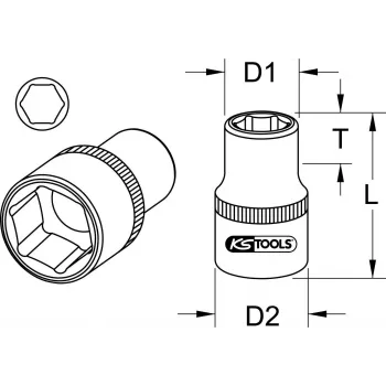 KS TOOLS 1 palec pohon 38mm krátky šesťhranný nástrčný kľúč, 6-hran, chróm-vanád, DIN 3124 911.1038