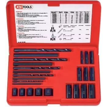 KS TOOLS 25-dielna sada na vytáčanie skrutiek, ľavotočivé vytáčadlá HSS, M3-M18, so špirálovými vrtákmi a vrtacími vodidlami (150.1305)