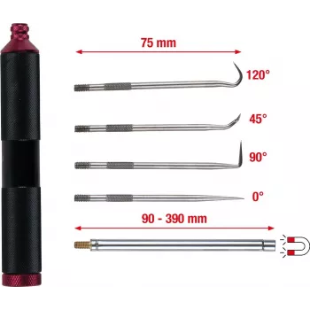 KS TOOLS 6-dielna sada magnetických a hákových nástrojov, flexibilné a pevné magnetické tyče, 4 profily hákov, ergonomické rukoväte 550.1080