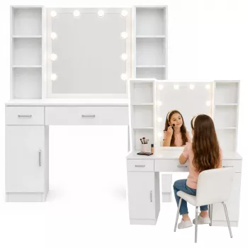 LEAN kosmetický toaletný stolík s LED zrkadlom, zásuvkami a skrinkou, biela, 141x114x39 cm