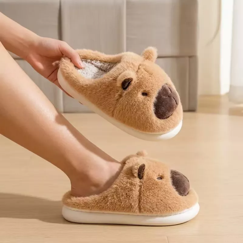 LEAN plyšové capybara papuče s ušami teplé mäkké béžové veľkosť 34-35