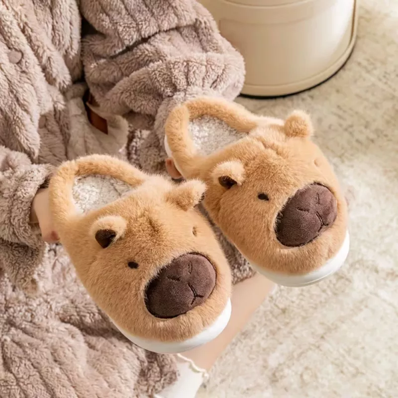 LEAN plyšové capybara papuče s ušami teplé mäkké béžové veľkosť 32-33