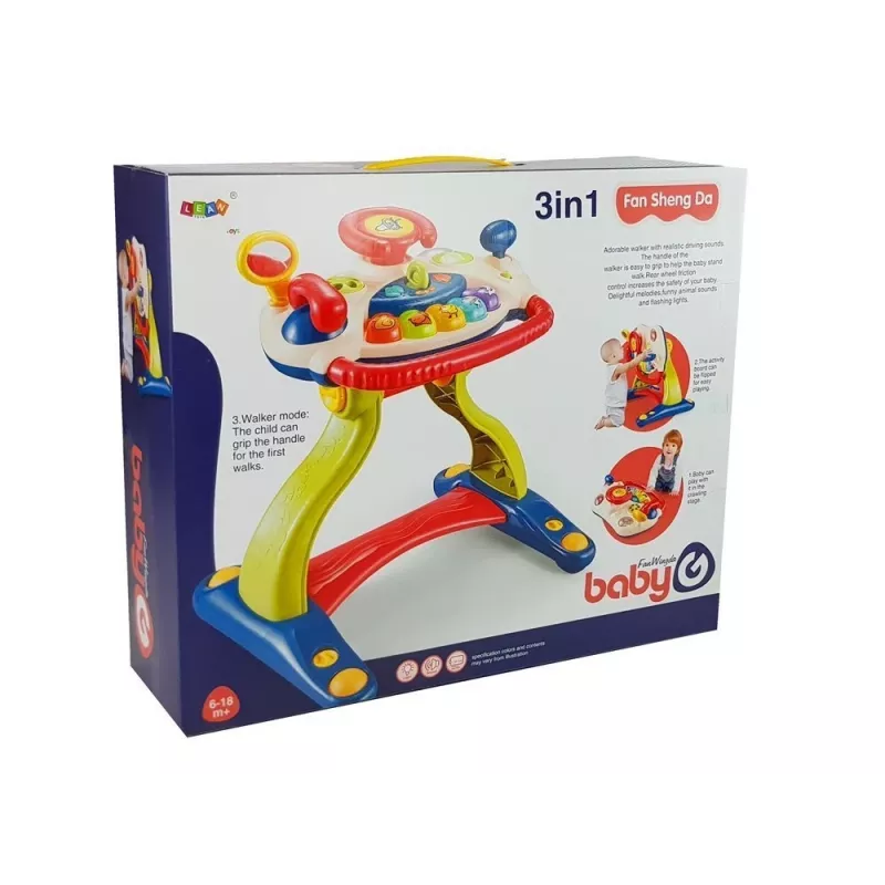 LEAN TOYS 3-v-1 Interaktívny kočík pre bábätká s volantom, zvukom, melódiami a zvieracími motívmi