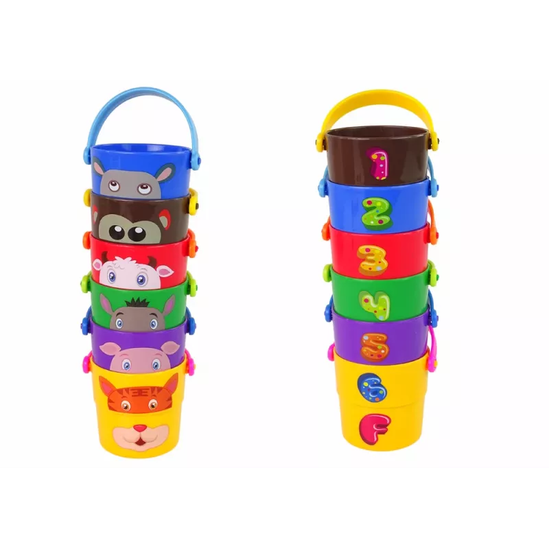 LEAN TOYS Súprava farebných vedierok so zvieratkami - pyramída